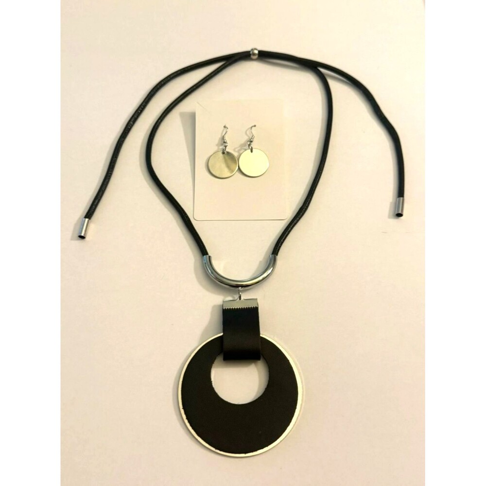 Women's Black and Silver Tone Statement Pendant Necklace with Matching Earrings